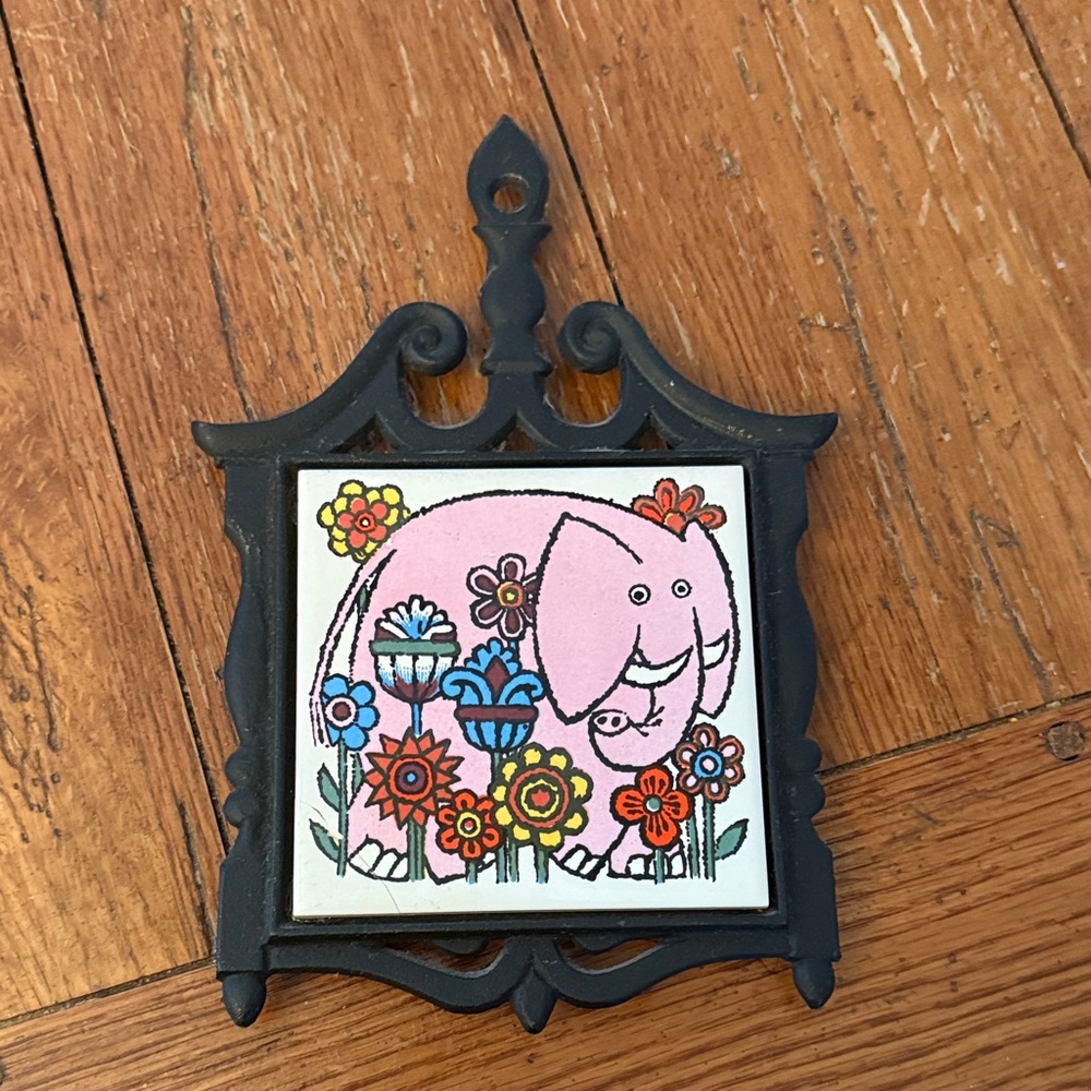 Vintage Tile Trivet Elephant with Flowers